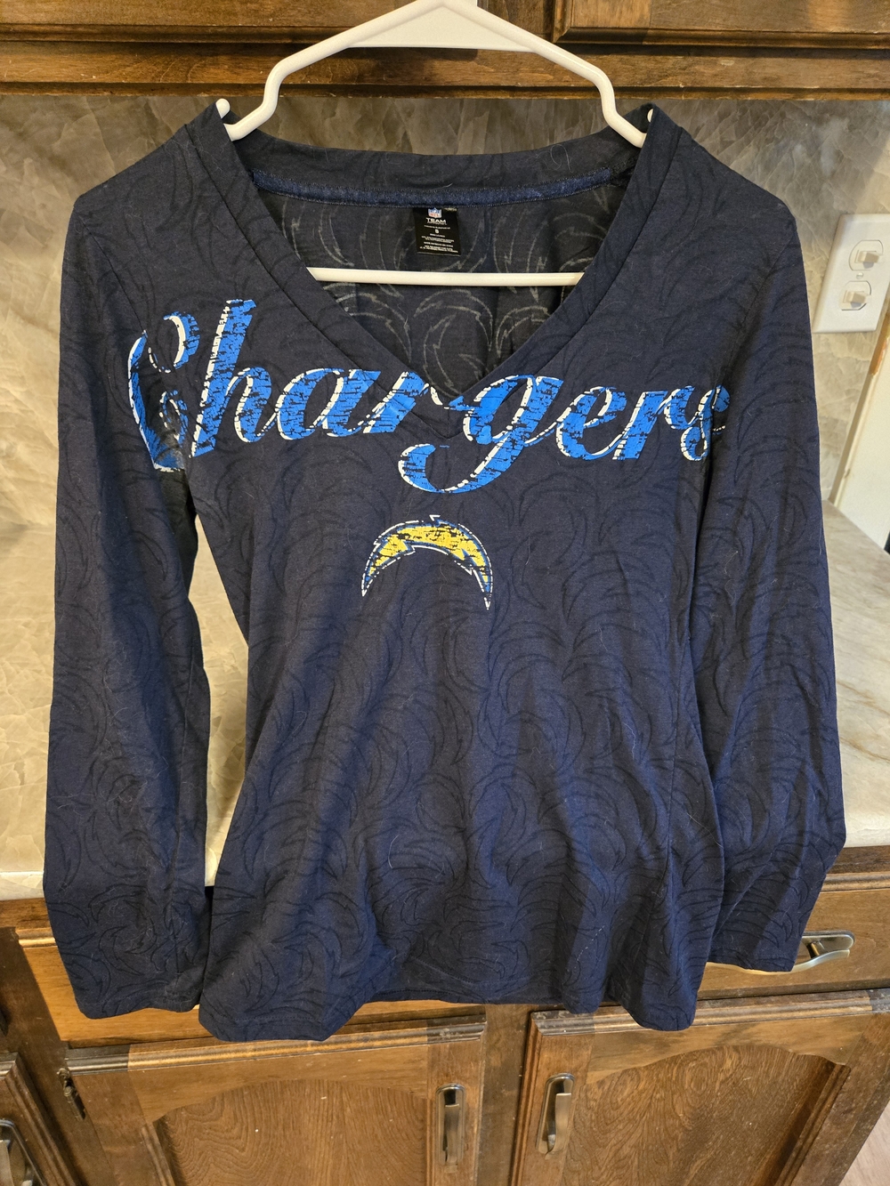 NFL Womans Chargers Navy Blue Team Apparel Top with Graphic Script
